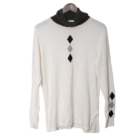 Vintage Anna D. Cashmere Wool Sweater Argyle Turtleneck Pullover Diamond Cream - Picture 2 of 10